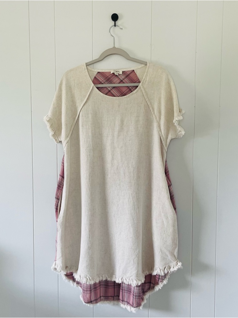 Umgee Cream Tunic with Pink Plaid Underlayer